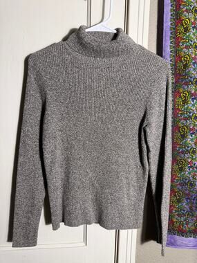 Kim Rogers Turtleneck Sweater Gray Marled Ribbed 100% Cotton Pullover - Medium
